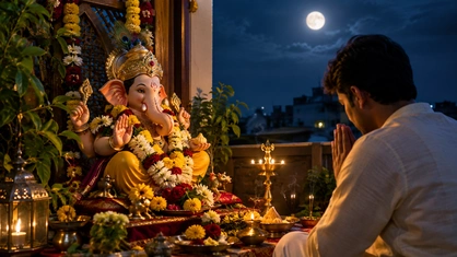 Ganesh Chaturthi night scene with a visible moon in the sky and concerned devotee