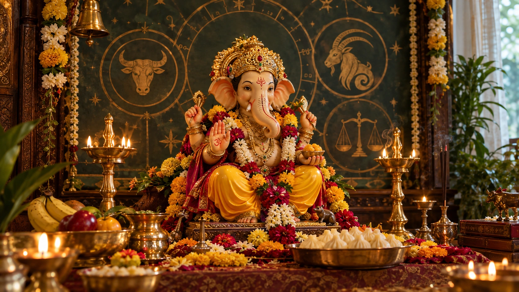 ord Ganesha surrounded by subtle Taurus, Capricorn and Libra zodiac motifs, rich festive Indian setting