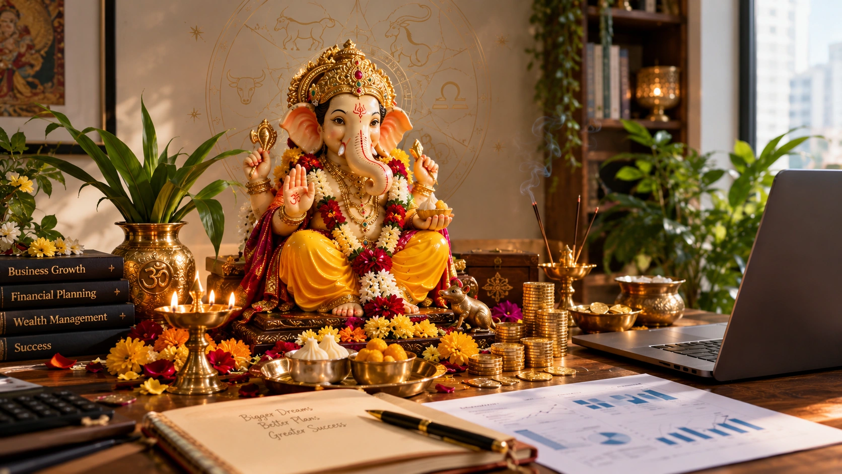 Ganesha idol with diary, business documents, laptop, coins and flowers