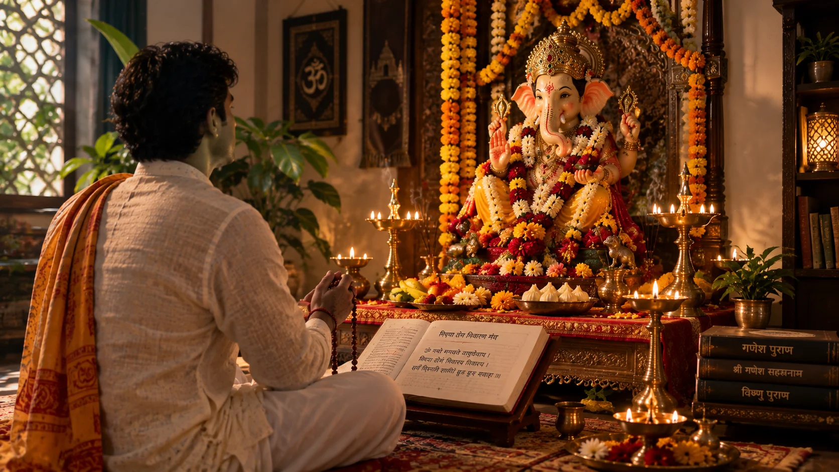 Devotee accidentally looking at the Moon during Ganesh Chaturthi, Ganesha idol visible in the background.