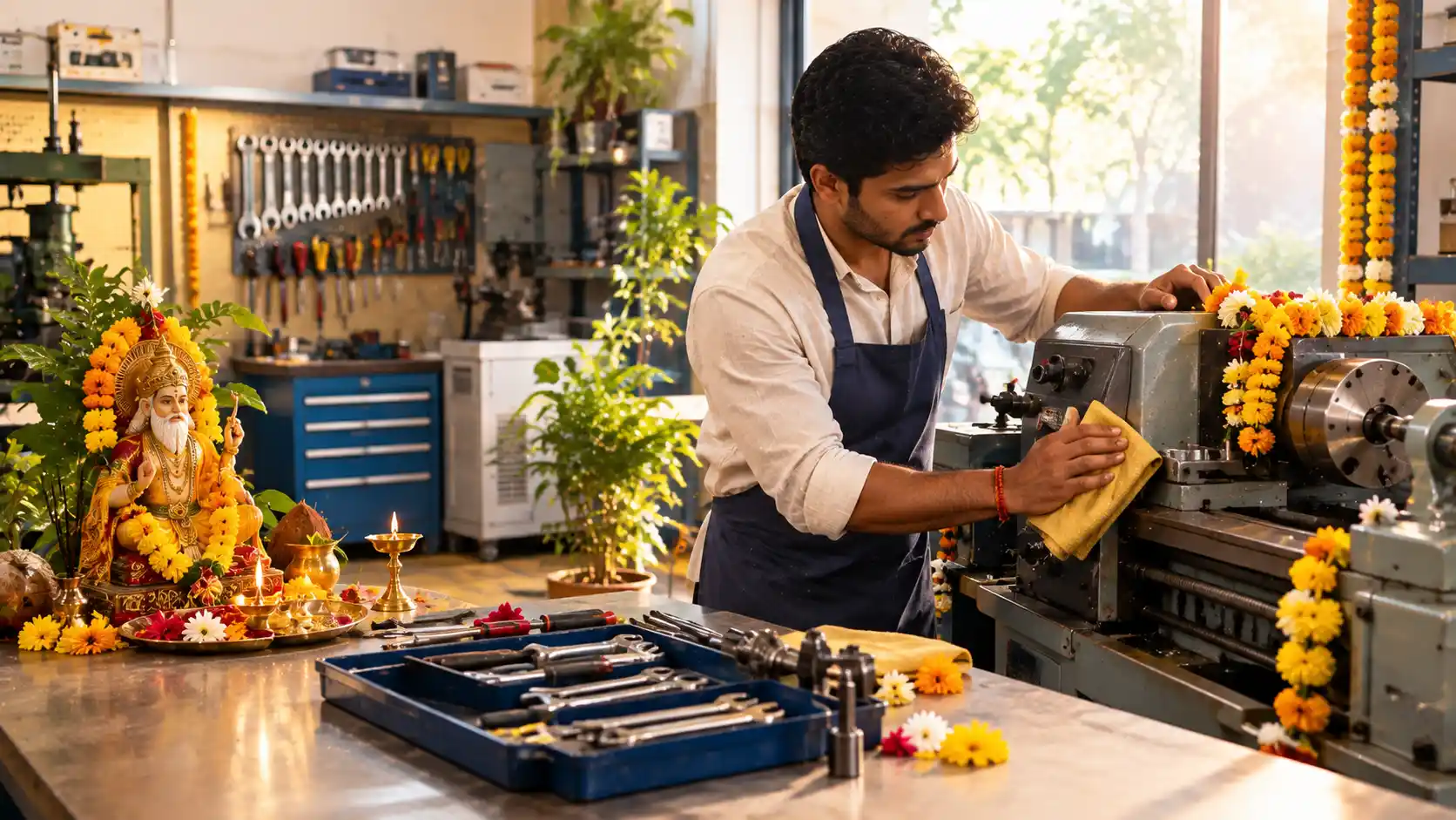 Business owner cleaning tools before Vishwakarma Puja 2026