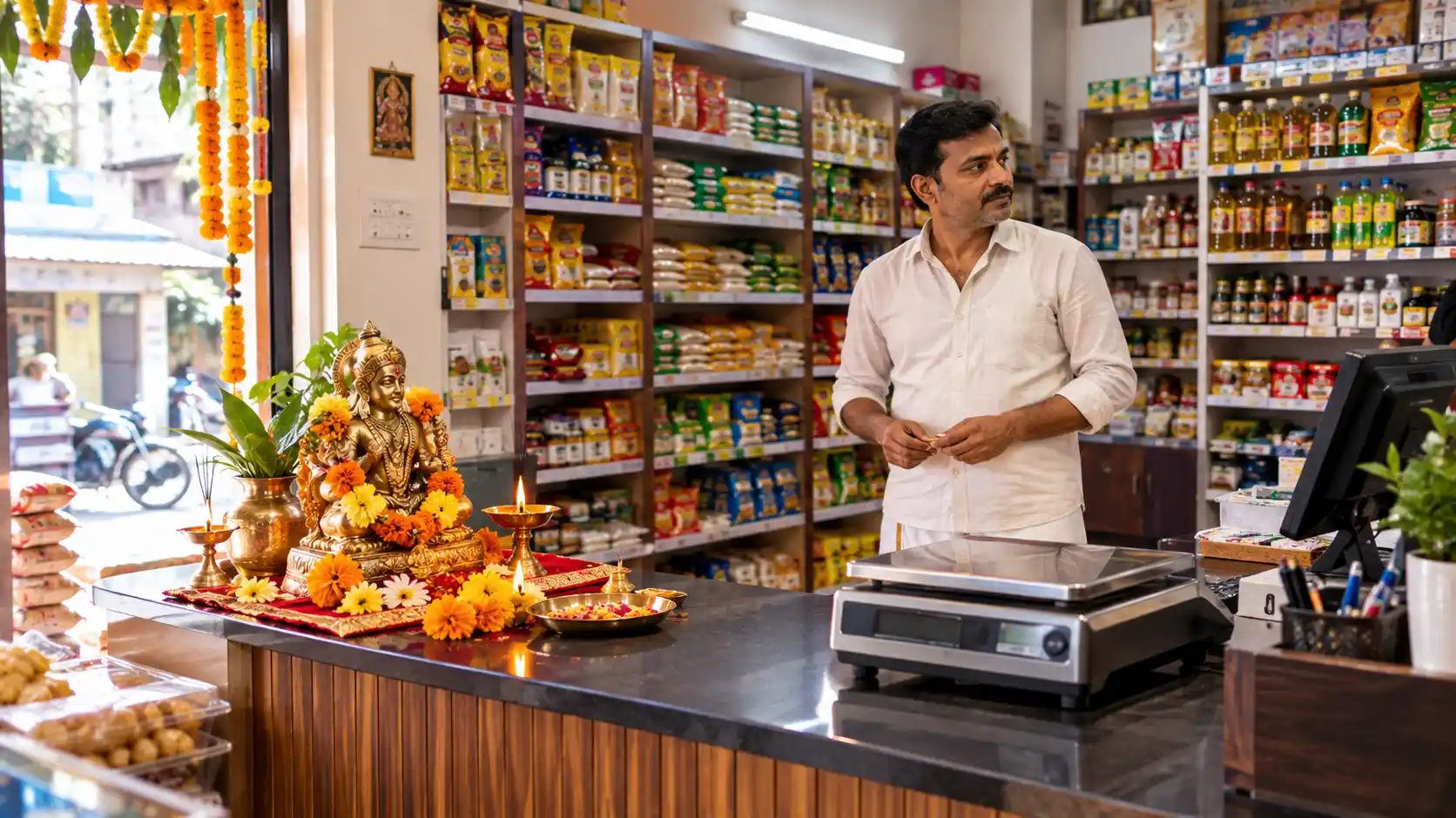 Indian shop owner preparing business for Vishwakarma Puja