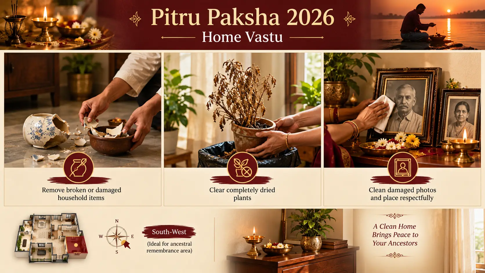 Indian Vastu infographic titled visually through imagery rather than text: “Pitru Paksha 2026 Home Vastu” concept,