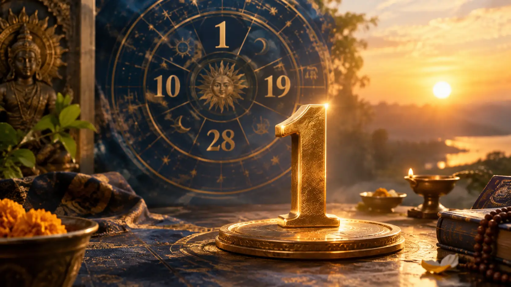 Indian astrology editorial image, elegant golden number 1 glowing subtly in the foreground, warm sunrise light