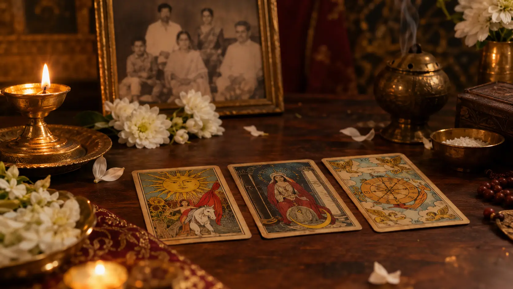 Three Tarot cards arranged for a symbolic ancestral reading during Pitru Paksha.