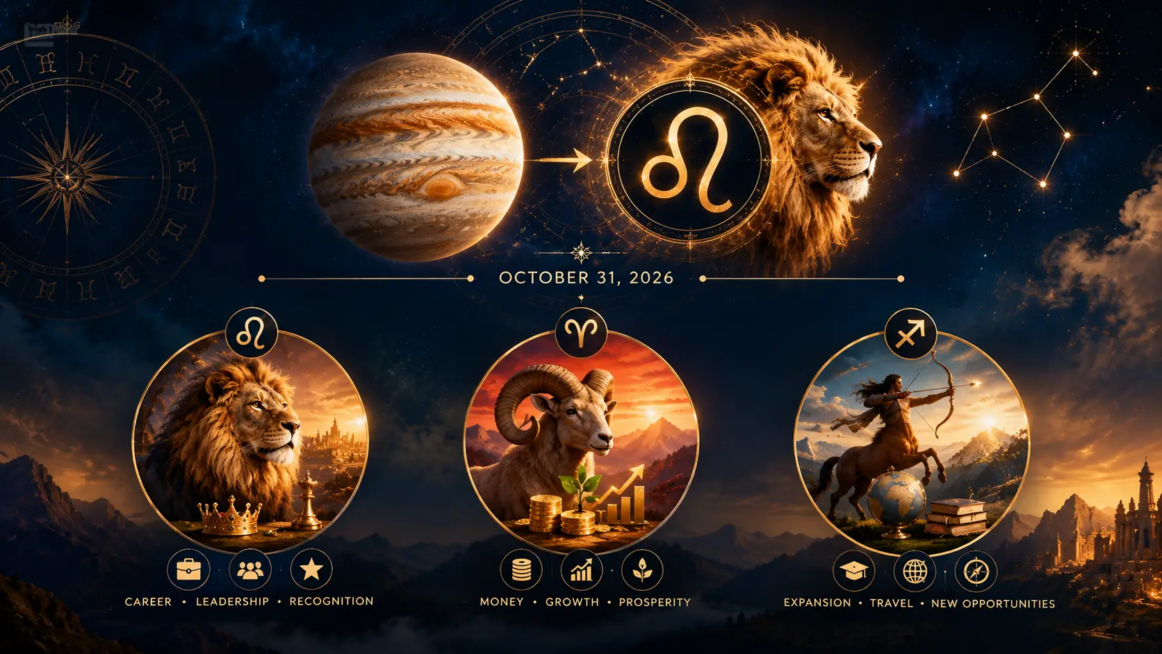 Indian astrology editorial scene representing Jupiter entering Leo