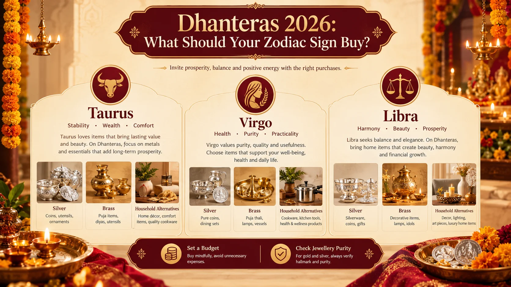 three prominent sections for Taurus, Virgo and Libra with silver, brass and practical household alternatives, plus a small reminder to set a budget and check jewellery purity